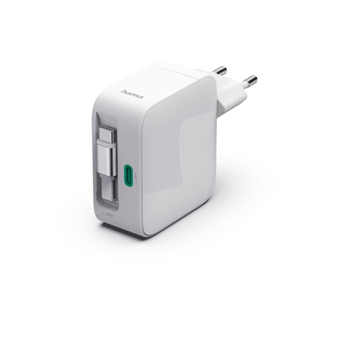 Hama Snellader, GaN, 2x USB-C, uittrekbare oplaadkabel, PD, 30 W, wit