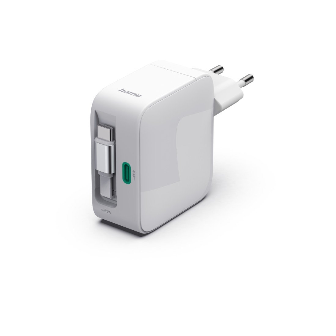 Hama Snellader, GaN, 2x USB-C, uittrekbare oplaadkabel, PD, 65 W, wit